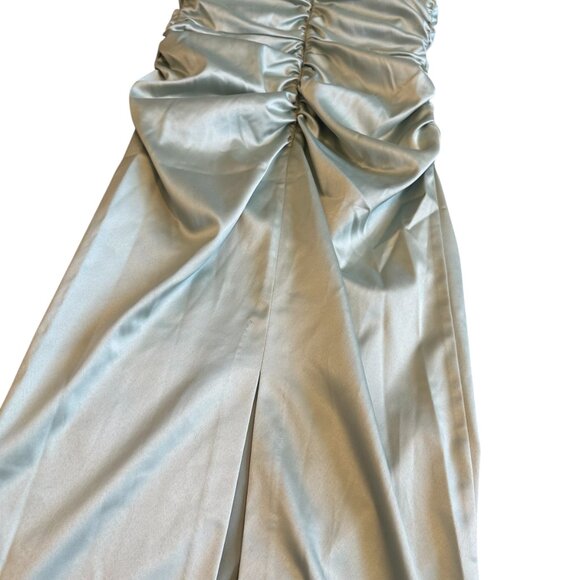 BHLDN Anthropologie Strapless Green Satin Dress Ruched Knee Length Size Med NWT - Picture 8 of 13